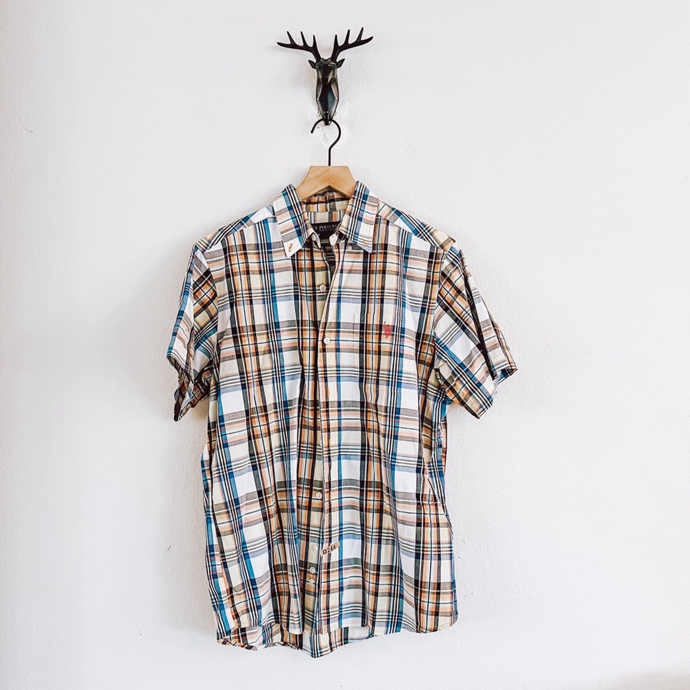 U.S. Polo Assn Men's Yellow/Blue Plaid Button Front Shirt Size Medium